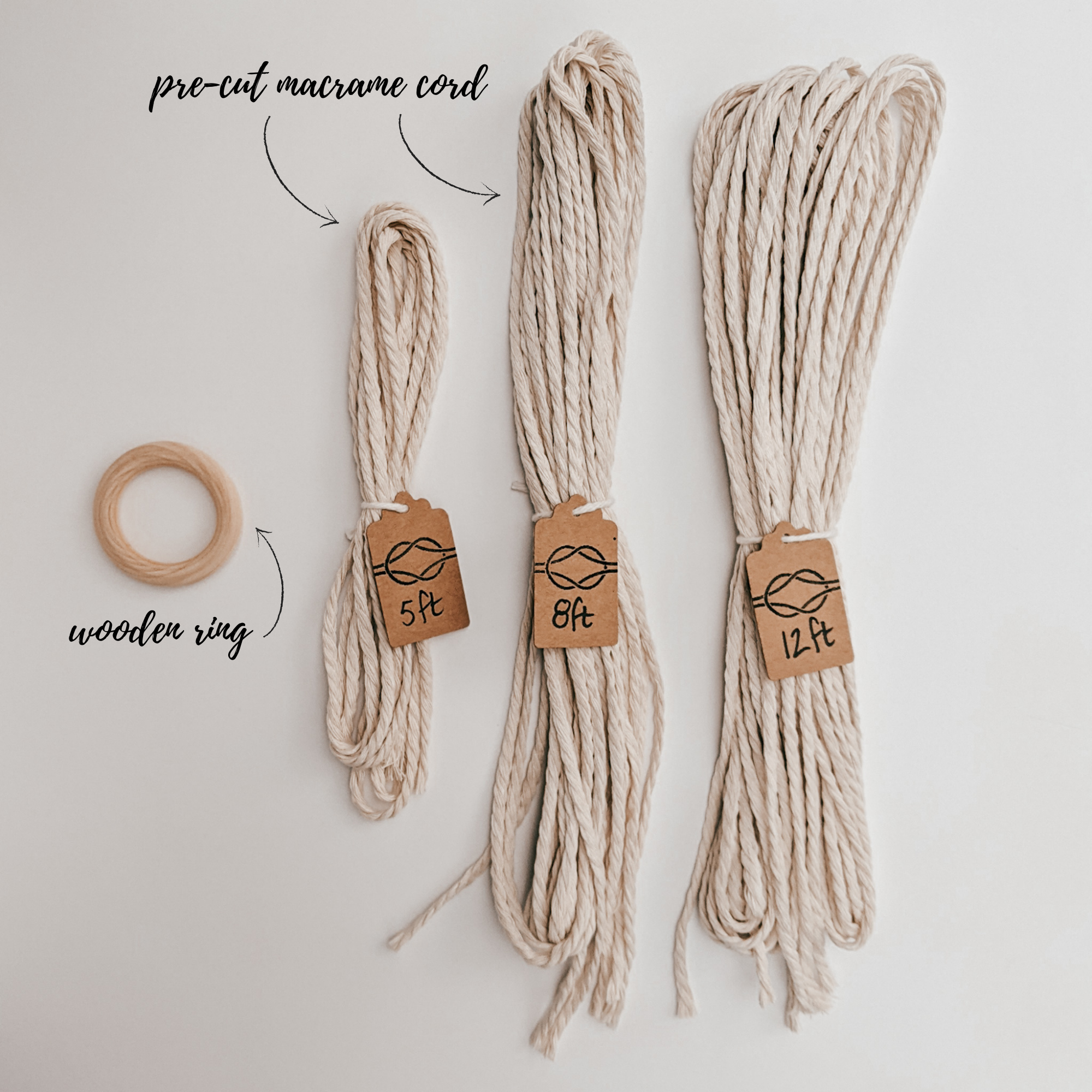 Boho Macrame Plant Hanger Kit components. Kit includes wooden ring and pre-cut macrame cord